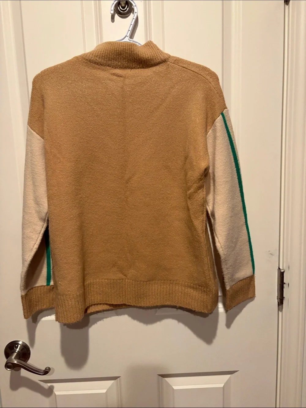 Camel Crewneck Sweater with Cream Sleeves and Green Stripe